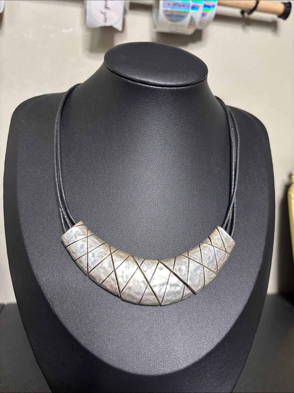 Chico's Silver-Tone Geometric Curved Necklace with Black Cord